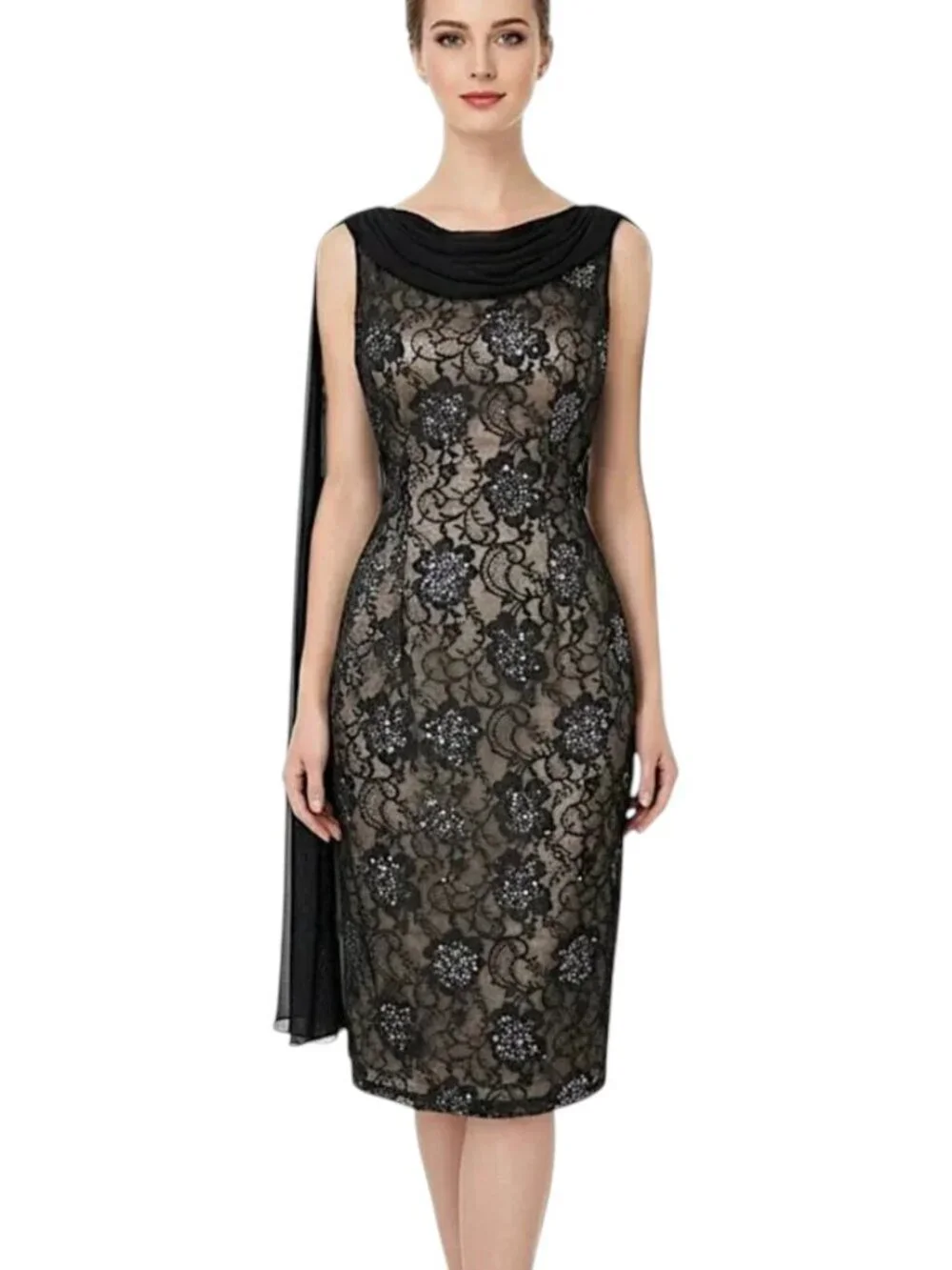 Vintage Black Lace Sequin Floral Draped Scarf Wiggle Sheath Dress Retro 36